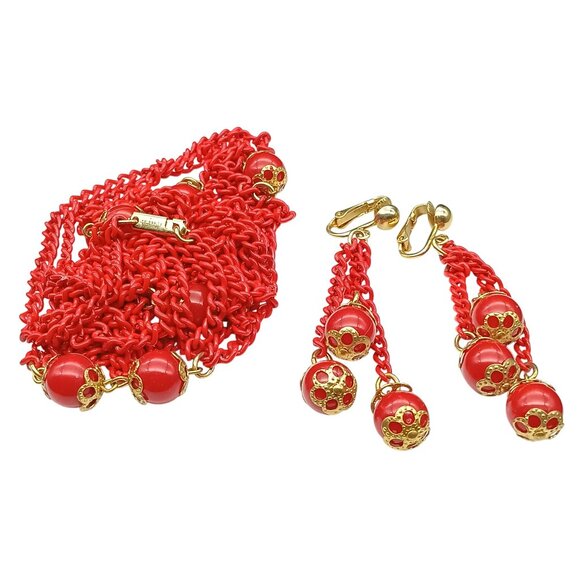 Celebrity NY Vintage Red Beaded Enamel Chain Necklace & Dangle Drop Earrings Set - Picture 4 of 6
